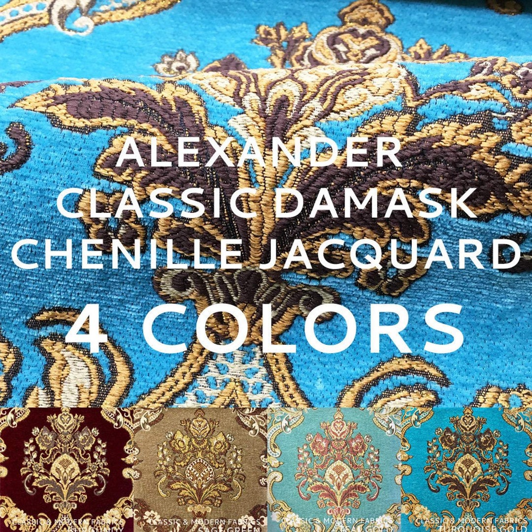 Alexander Multi Color Damask Chenille Woven Jacquard Teal Blue Fabric - Classic & Modern