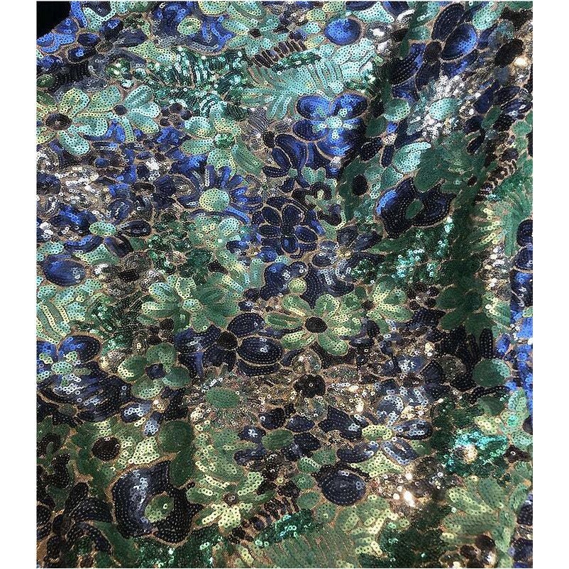 All Over Blue Green Gold Brown Floral All Over Sequins Mesh Lace / Fabric by the Yard - Classic & Modern