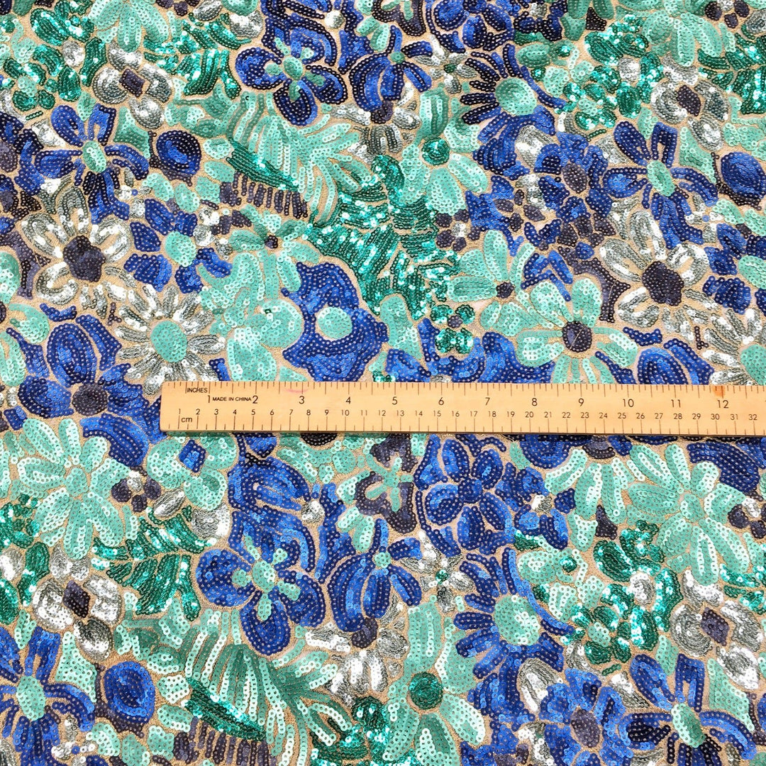 All Over Blue Green Gold Floral All Over Sequins Mesh Lace / Fabric by –  Classic Modern Fabrics