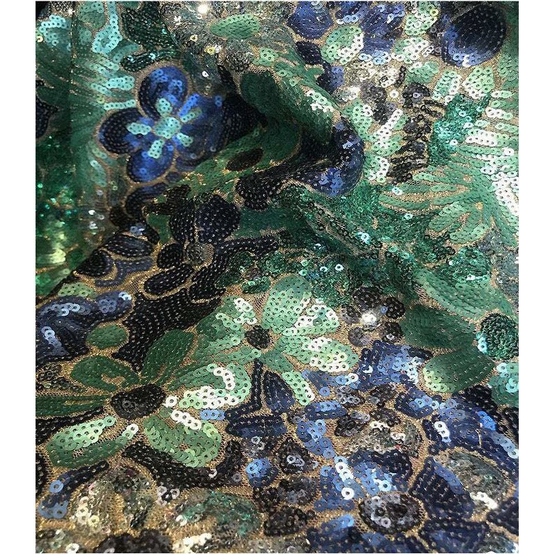 All Over Blue Green Gold Brown Floral All Over Sequins Mesh Lace / Fabric by the Yard - Classic & Modern