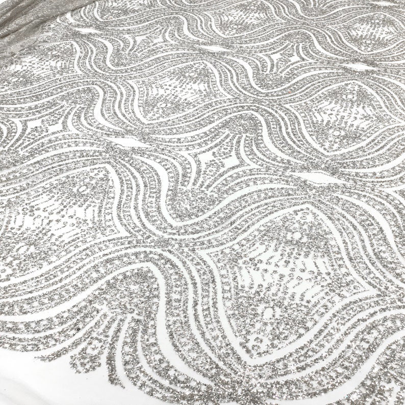 Angelica Metallic SILVER Glitter Embroidery Mesh Lace Fabric - Classic Modern Fabrics