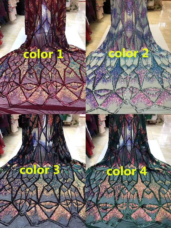 ax / 5 YARDS / 9 COLORS / Abstract Gradient Blocks Glitter Sequin Beaded Embroidery Tulle Mesh Lace Fabric - Classic Modern Fabrics