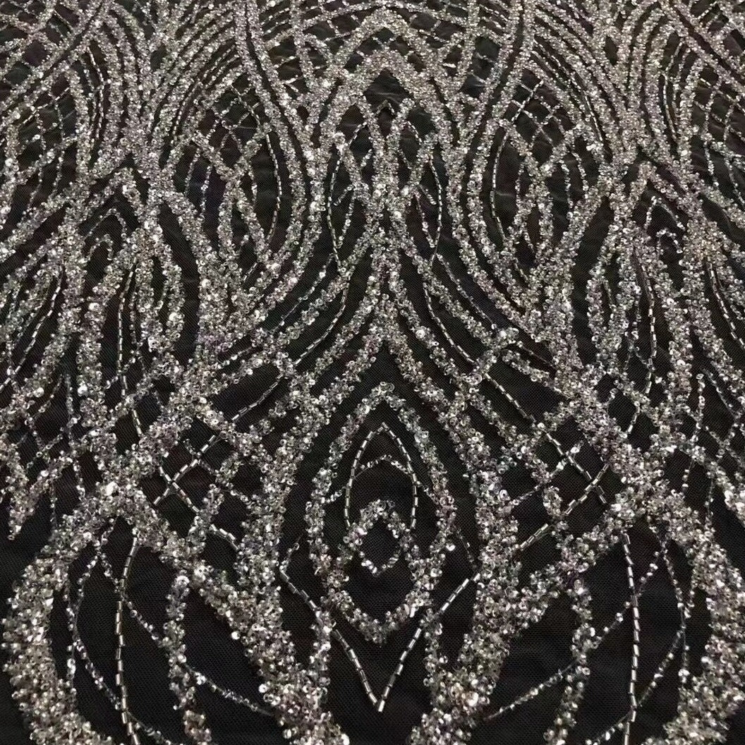 5 YARDS / Fatima Off-White Clear Regal Sequin Beaded Embroidery Tulle Mesh Lace Party Prom Bridal Dress Fabric