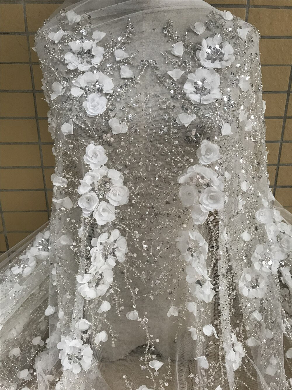 5 YARDS / White 3D Floral Glitter with Sequin Beaded Embroidery Tulle –  Classic Modern Fabrics