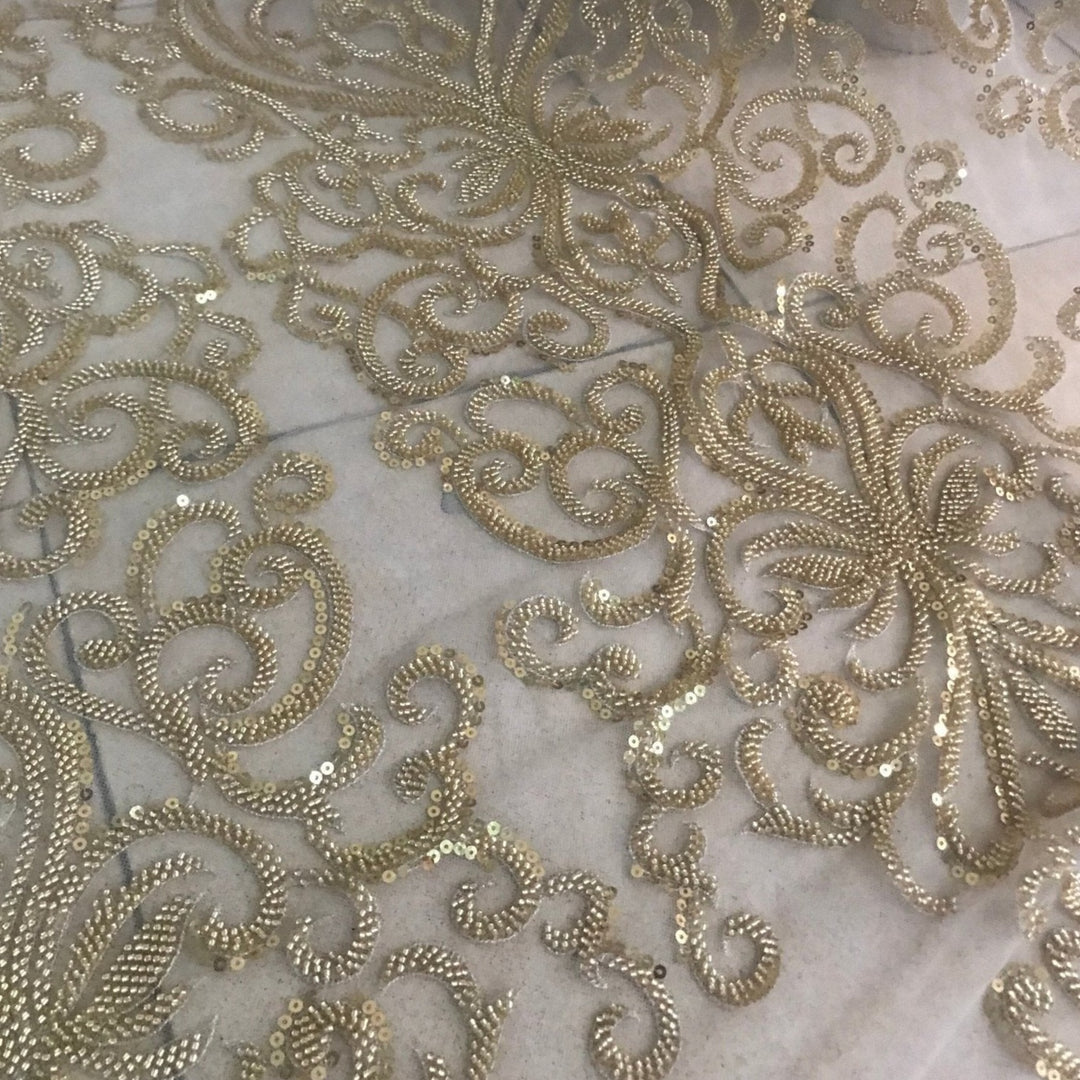 5 YARDS / Hasna Regal Gold Swirl Glitter Sequin Beaded Embroidery Tull Classic Modern Fabrics 5 YARDS / Hasna Regal Gold Swirl Glitter Sequin Beaded Embroidery Tull Classic Modern Fabrics