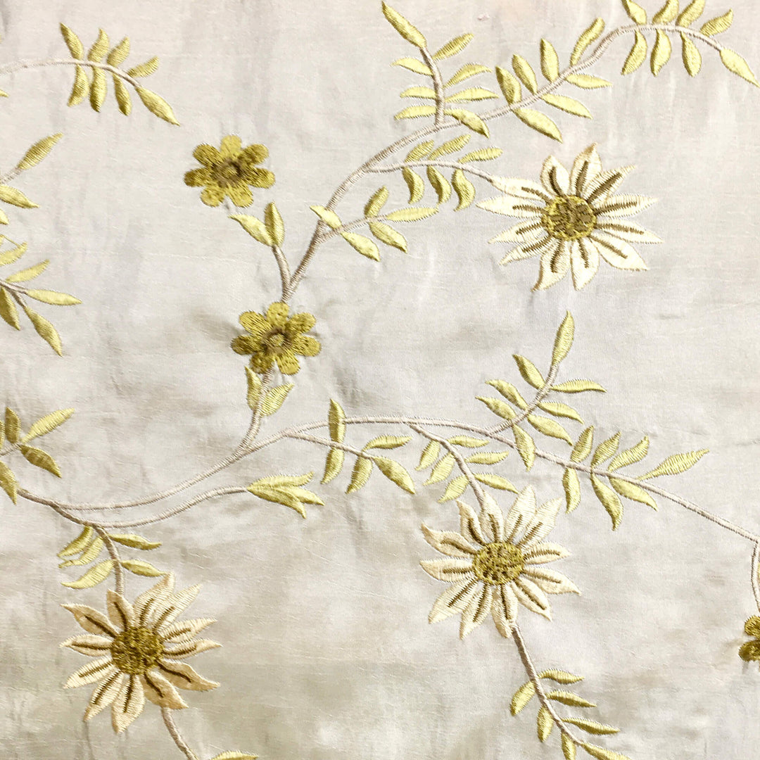 Beige Floral Embroidery Faux Taffeta Silk Fabric - Classic & Modern