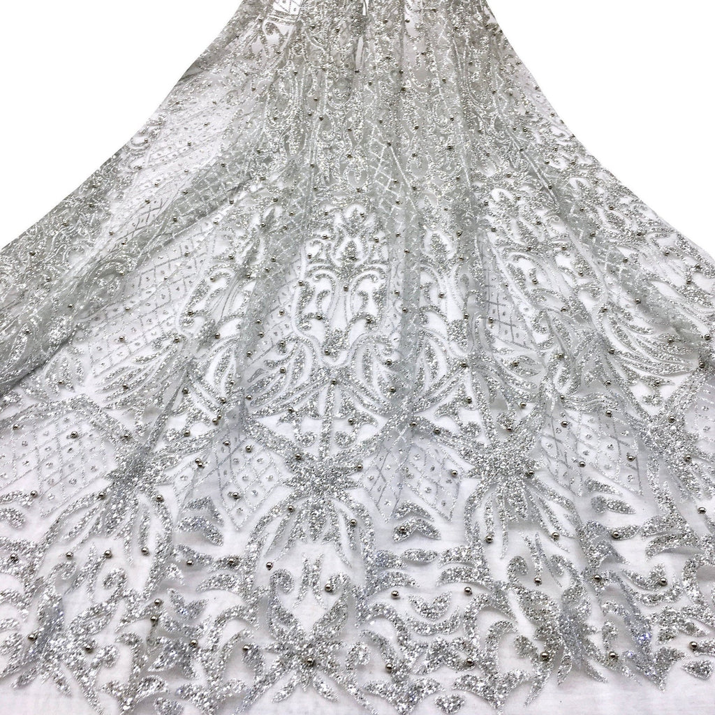 Bellagio METALLIC SILVER Glitter on Light Tulle Mesh Lace Fabric / Sold by  the Yard