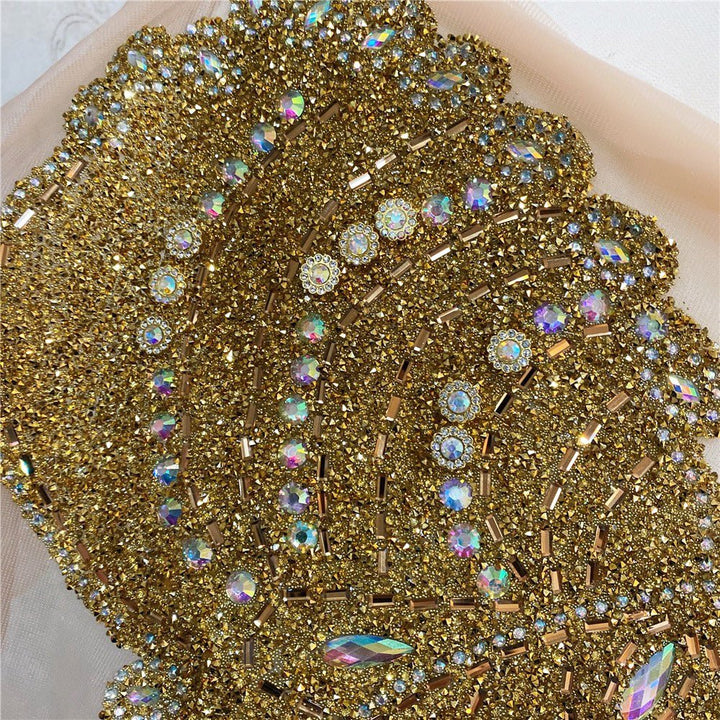 Gold Bridal Wedding Rhinestone Beaded Glitter Front Chest Appliqué - Classic Modern Fabrics