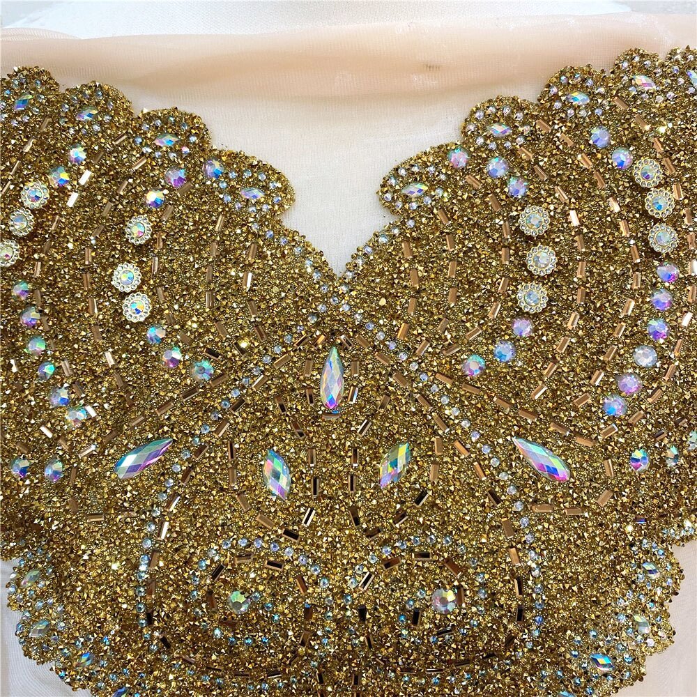 Gold Bridal Wedding Rhinestone Beaded Glitter Front Chest Appliqué - Classic Modern Fabrics