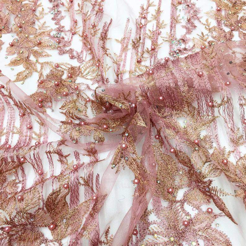 Bridgette MAUVE PINK BLUSH Color Embroidery Glitter Beaded Tulle Mesh Lace / Fabric by the Yard - Classic & Modern
