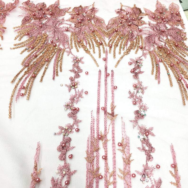Bridgette MAUVE PINK BLUSH Color Embroidery Glitter Beaded Tulle Mesh Lace / Fabric by the Yard - Classic & Modern