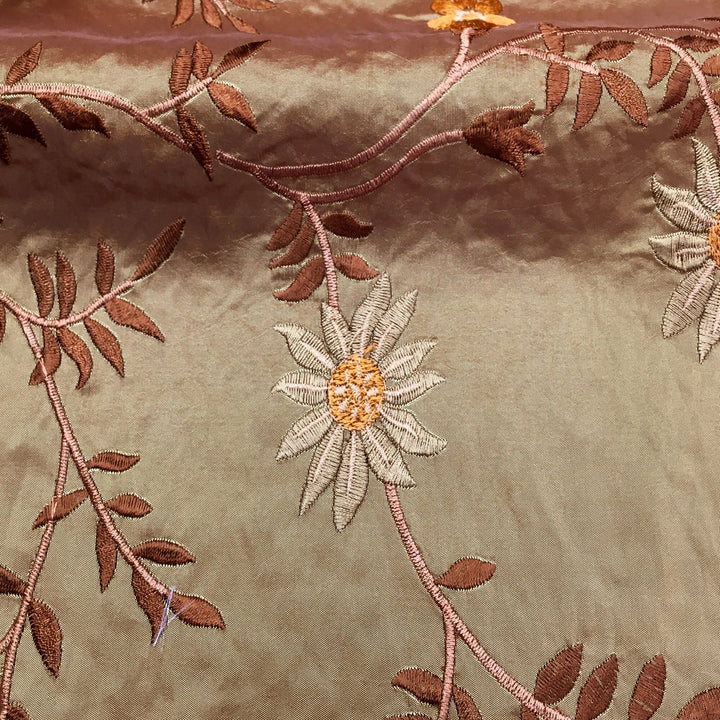 Brown Floral Embroidery Faux Taffeta Silk Fabric - Classic & Modern