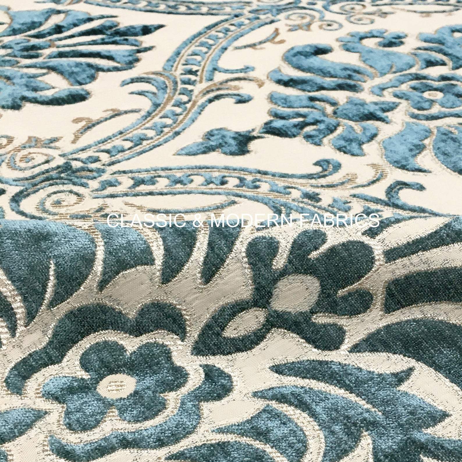 Free Worldwide Delivery Furnishing Fabric outlet Modern Printed Velvet Teal Blue Grey Damask Pattern Upholstery Furnishing Fabric - Sold By 1 Metre