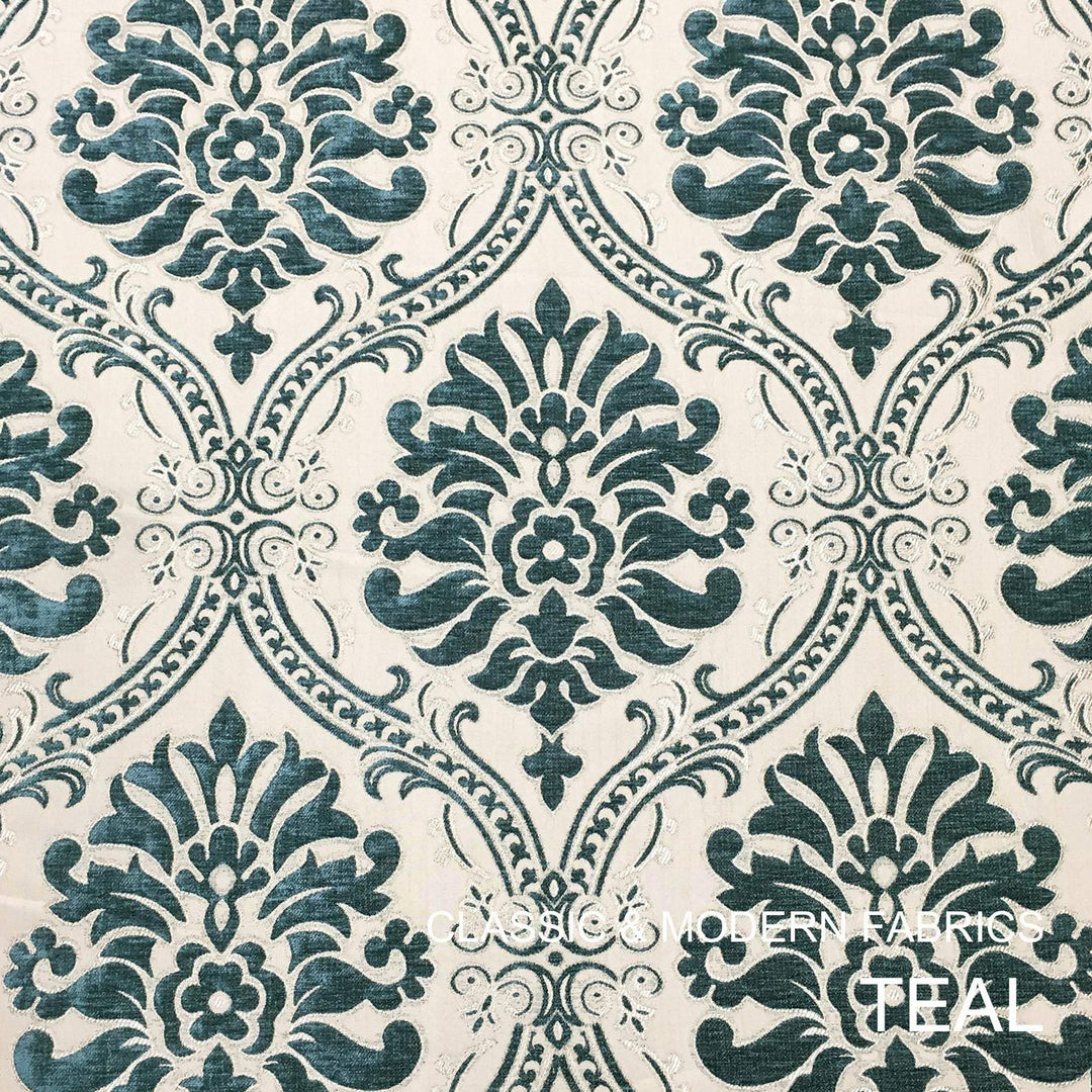 Classic Floral Damask Teal Green Velvet Fabric - Classic Modern Fabrics