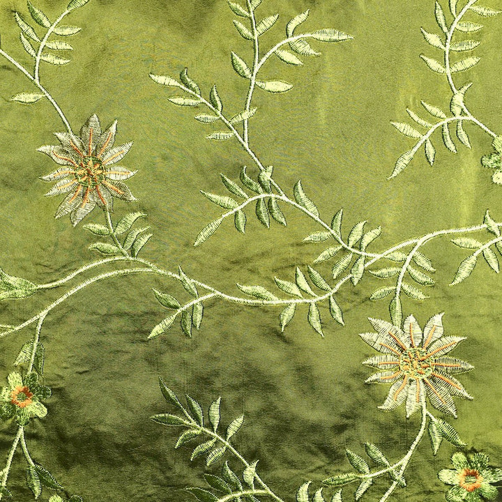 Dark Green Floral Embroidery Faux Taffeta Silk Fabric - Classic & Modern