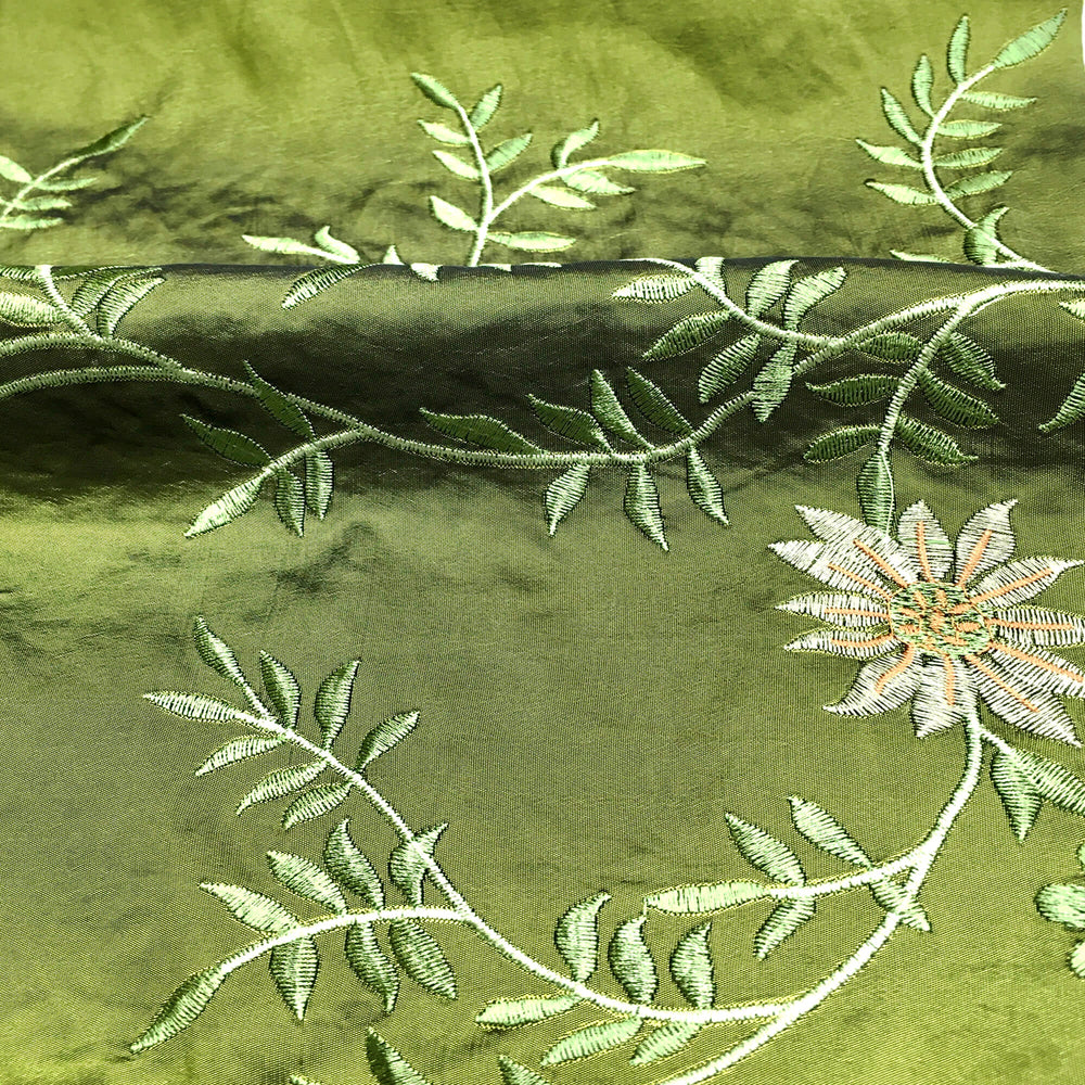 Dark Green Floral Embroidery Faux Taffeta Silk Fabric - Classic & Modern