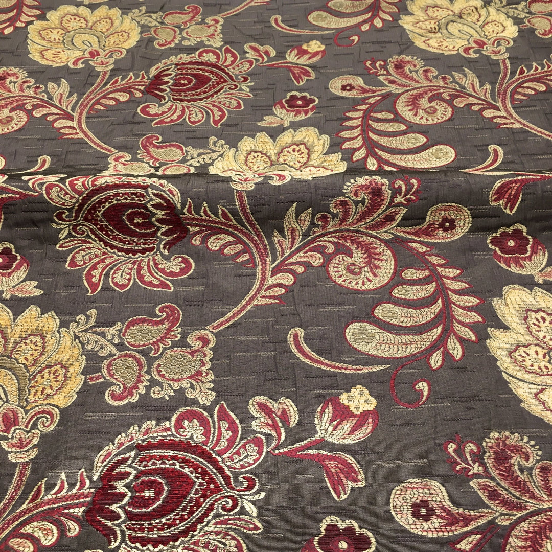 Floral Paisley Chenille Jacquard Burgundy Brown Fabric - Classic & Modern