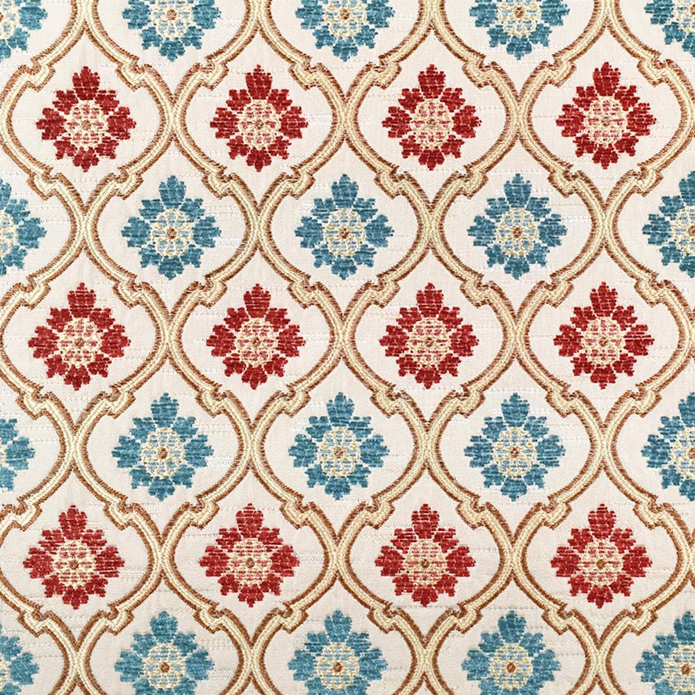 Floral Trellis Chenille Jacquard Red Blue Fabric - Classic & Modern