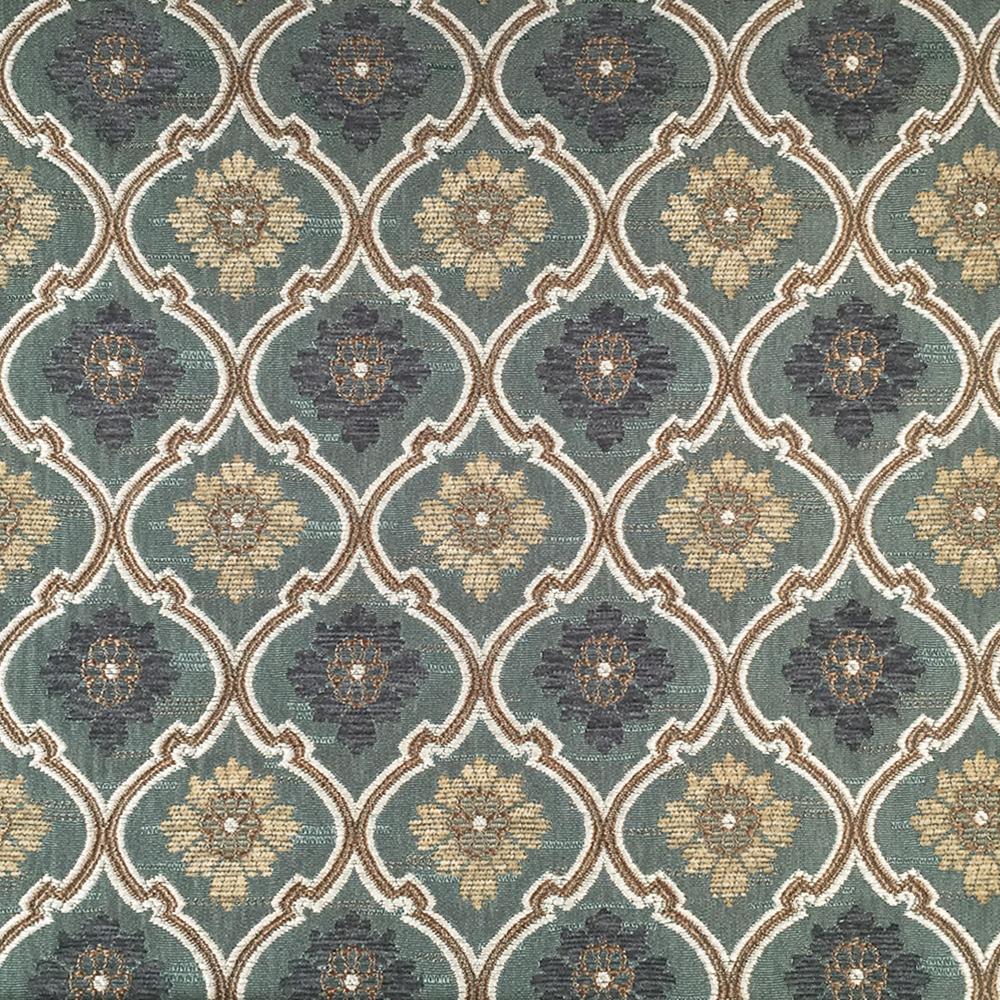 Floral Trellis Chenille Jacquard Teal Ivory Fabric - Classic & Modern