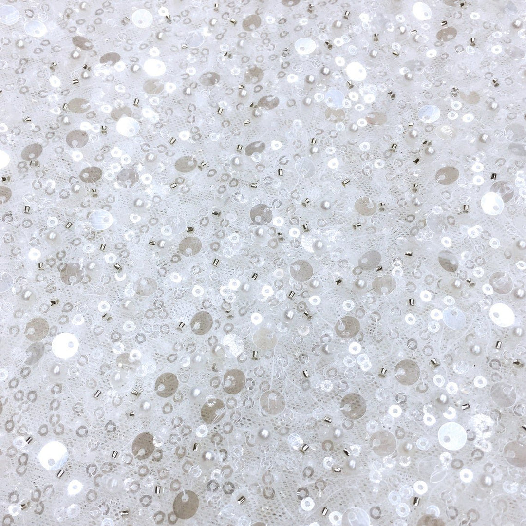 5 YARDS / GRACE Clear Off-White Beaded Mesh Ground Glitter
