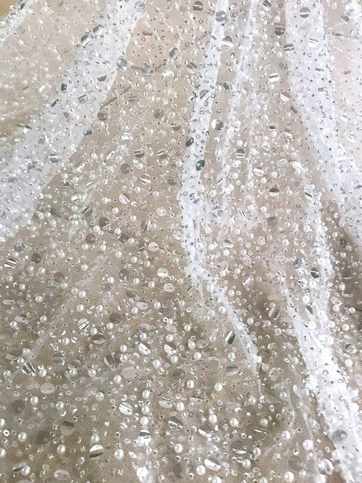 GRACE Clear Off White Beaded Mesh Ground Glitter Embroidery Mesh Lace / Dress Fabric / By the yard - Classic & Modern