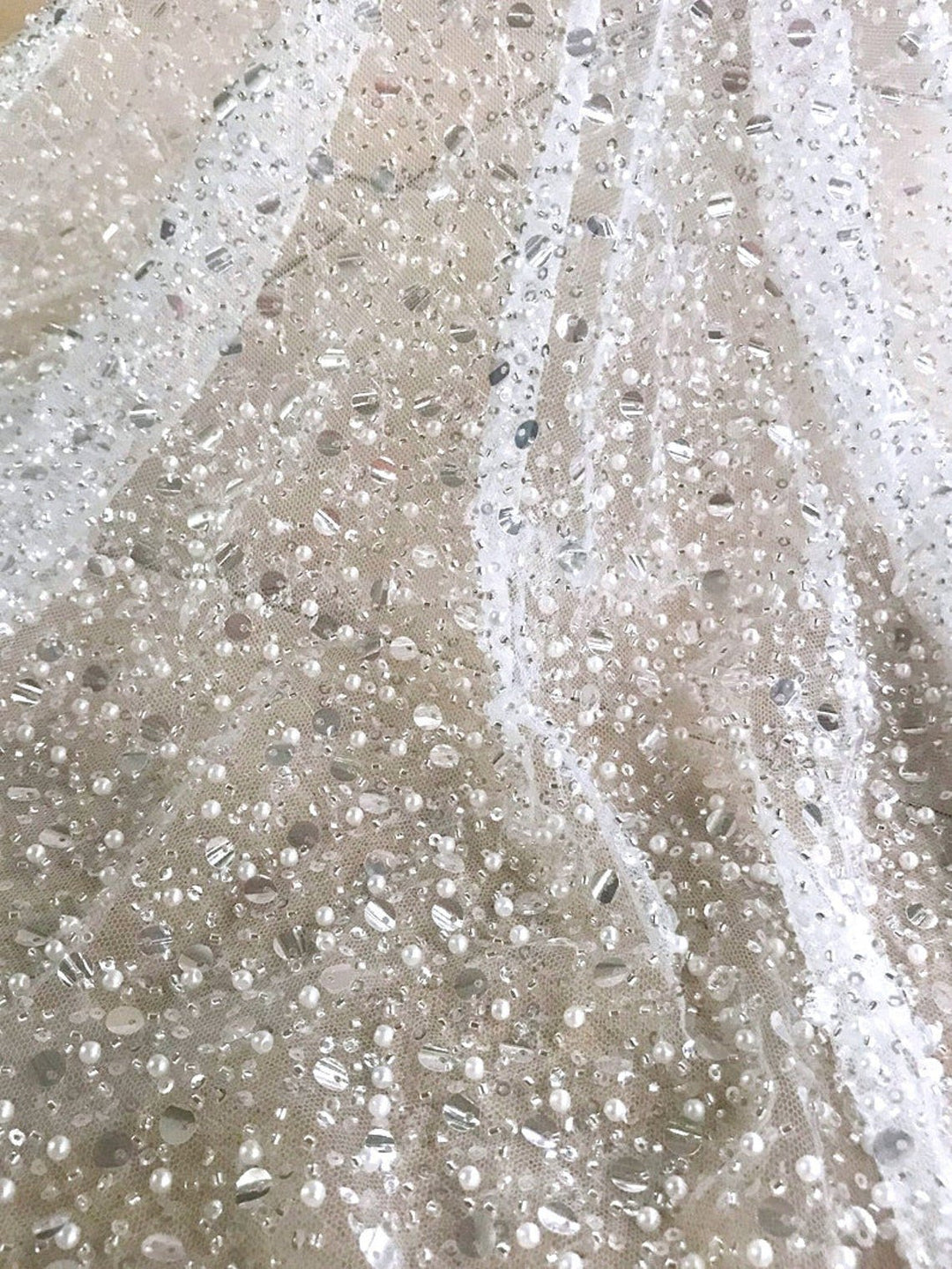 GRACE Clear Off White Beaded Mesh Ground Glitter Embroidery Mesh Lace / Dress Fabric / By the yard - Classic & Modern