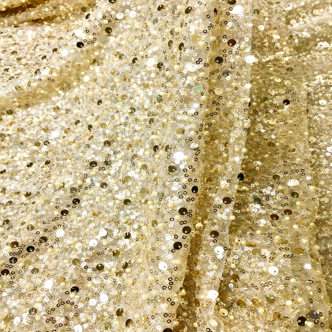 5 YARDS / GRACE Gold Beaded Mesh Ground Glitter Embroidery Mesh Lace / Dress Fabric / By the yard 5 YARDS / GRACE Gold Beaded Mesh Ground Glitter Embroidery Mesh Lace / Dress Fabric / By the yard