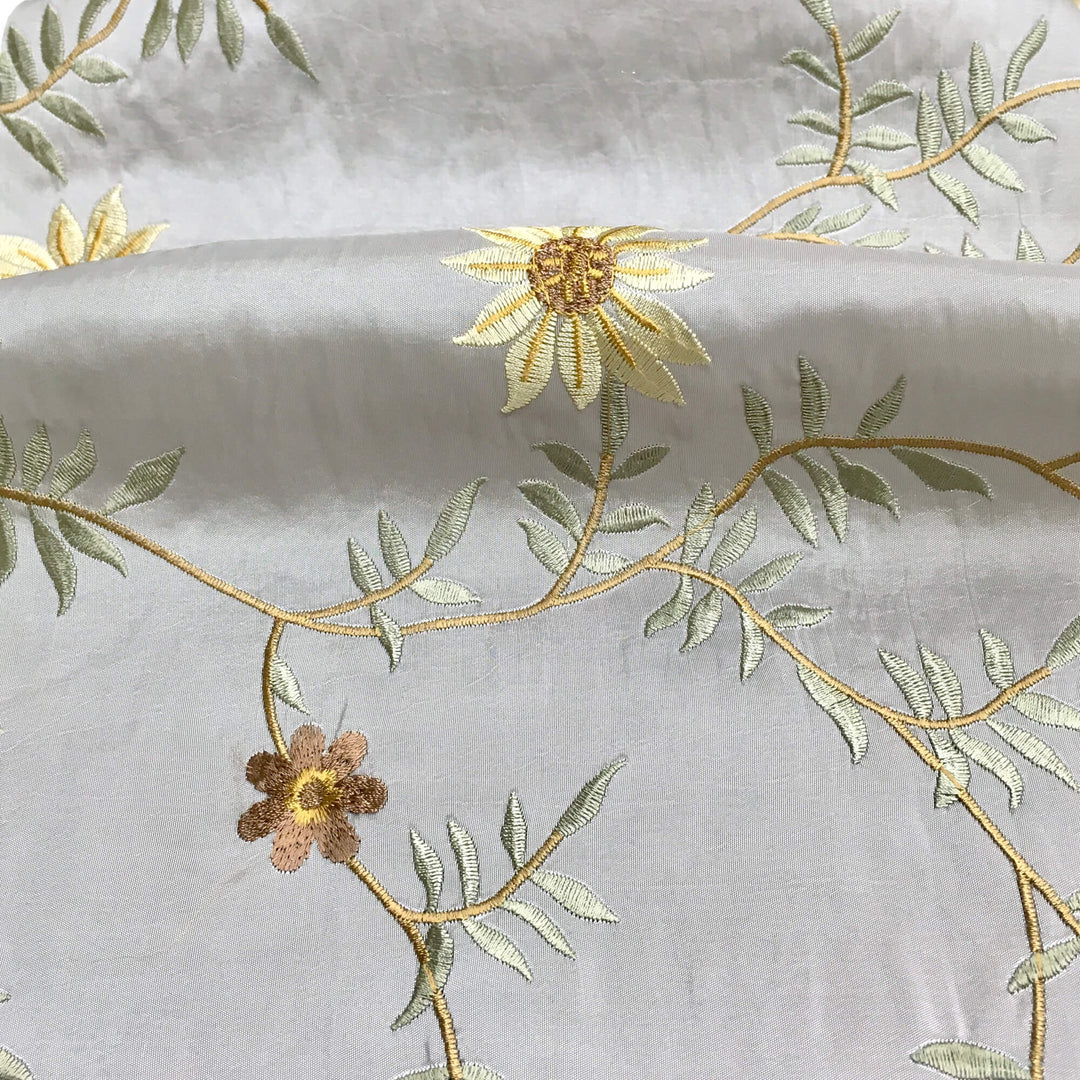 Grey Floral Embroidery Faux Taffeta Silk Fabric - Classic & Modern
