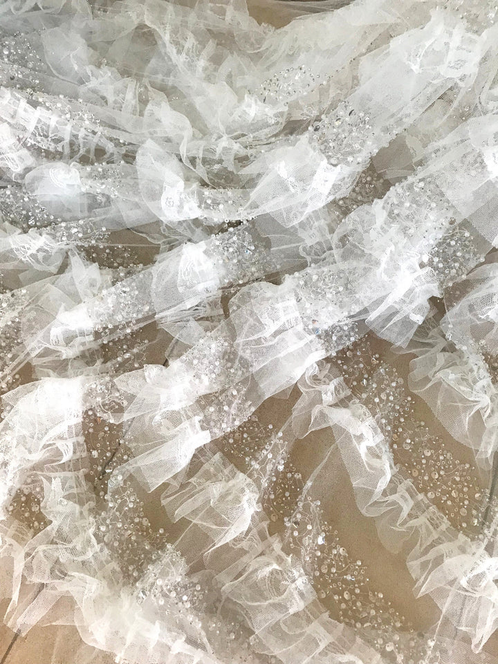 5 YARDS / White Beaded Embroidery Ruffled Mesh Tulle Lace / Party Prom Bridal Dress Fabric