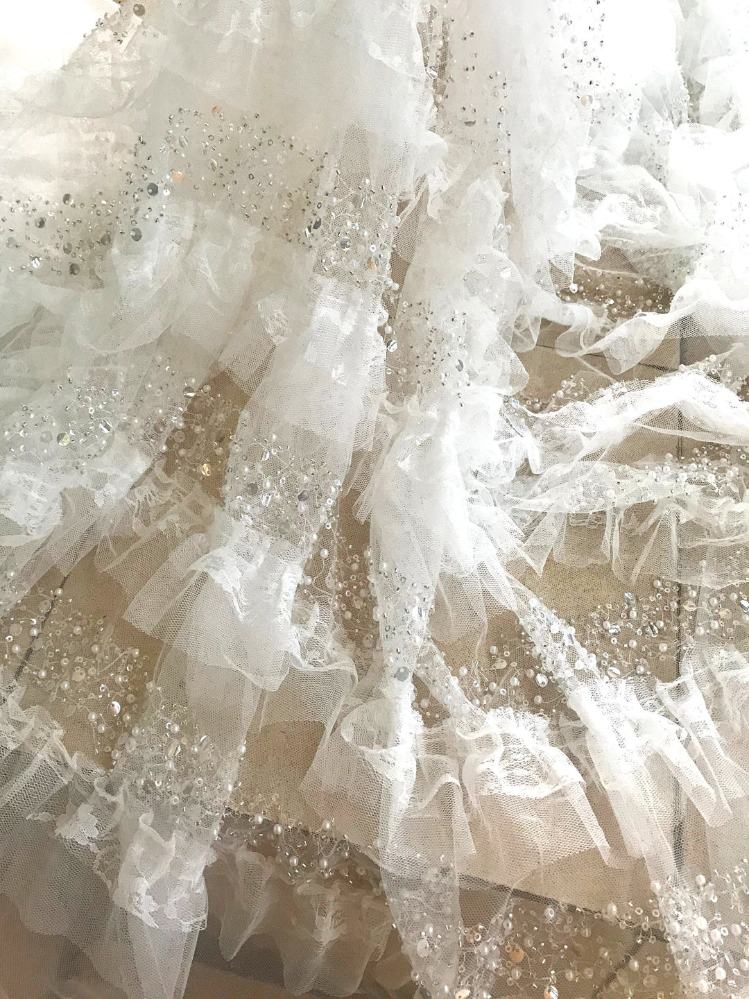 5 YARDS / White Beaded Embroidery Ruffled Mesh Tulle Lace / Party Prom Bridal Dress Fabric