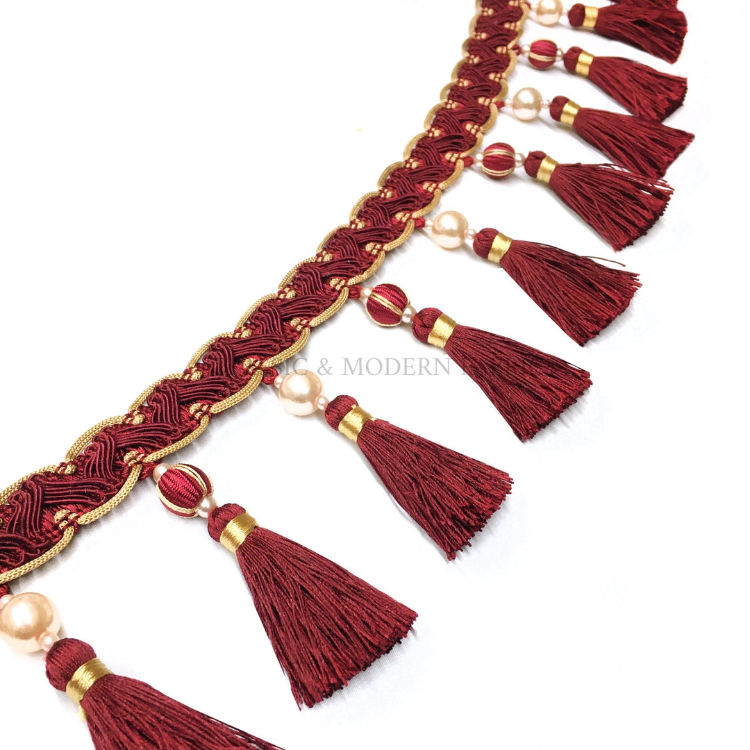 Lavela 4" bordatura con frange in nappa di perline bordeaux rosso / tagliato a misura 
