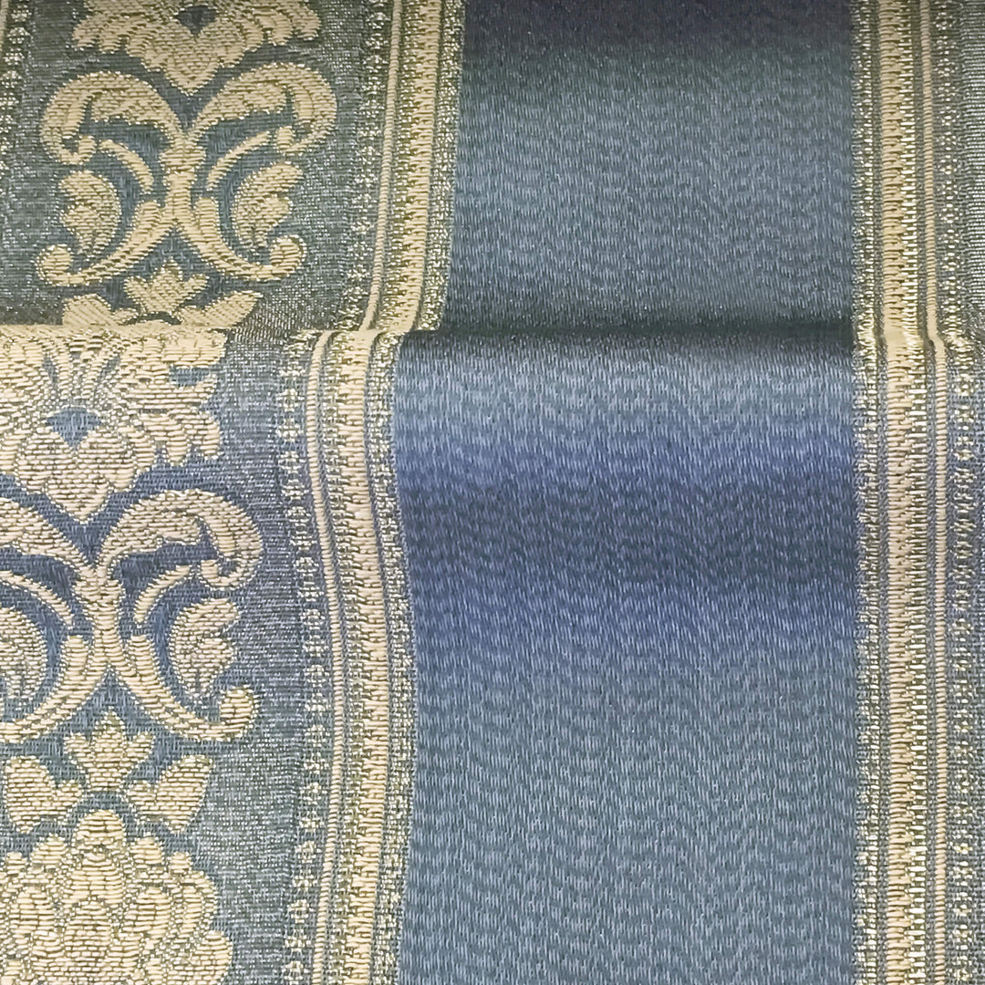 Manon Blue Gold Stripe Floral Damask Jacquard Brocade Fabric - Classic & Modern
