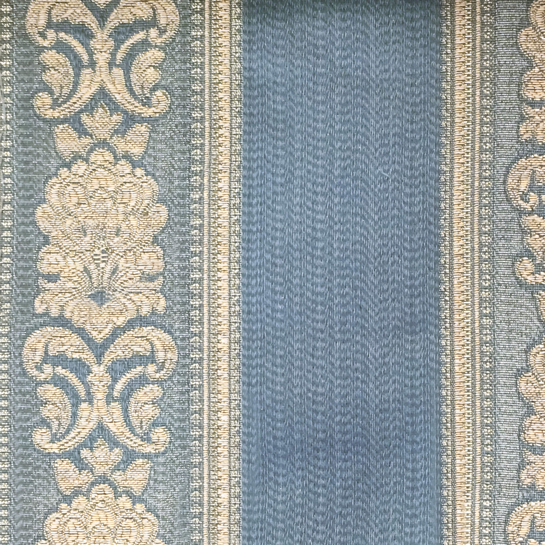 Manon Blue Gold Stripe Floral Damask Jacquard Brocade Fabric - Classic & Modern