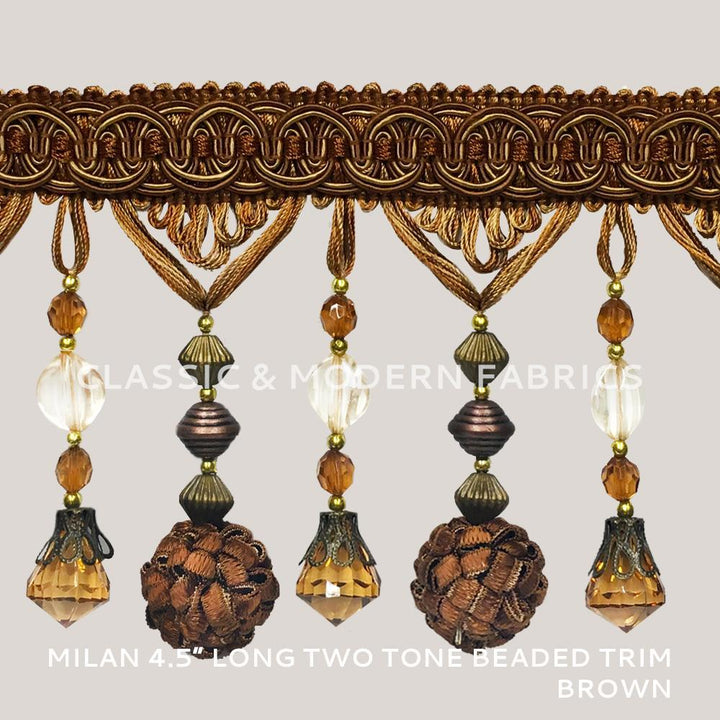 MILAN 4 1/2" Two Tone Beaded Tassel Fringe Trim Brown / By The Yard - Classic & Modern