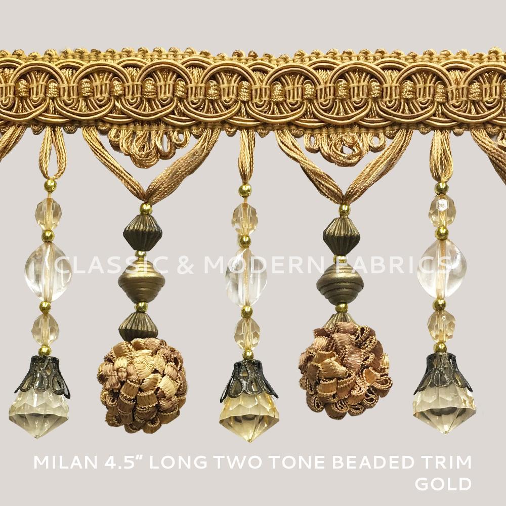 MILAN 4 1/2" Two Tone Beaded Tassel Fringe Trim Gold / By the yard - Classic & Modern