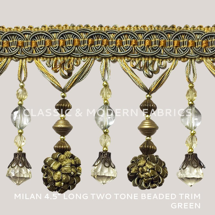 MILAN 4 1/2" Two Tone Beaded Tassel Fringe Trim Green / By The Yard - Classic & Modern