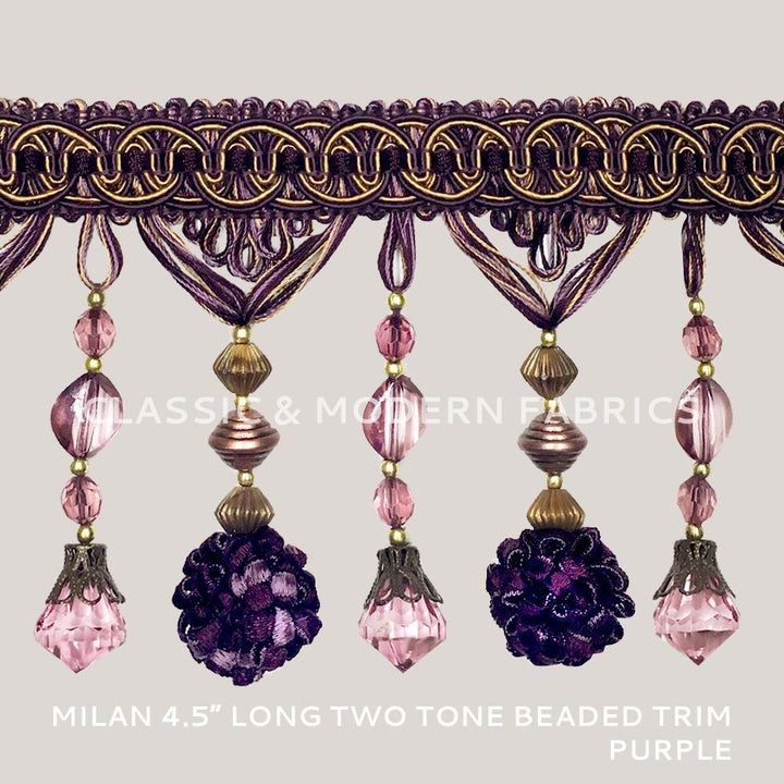 MILAN 4 1/2" Two Tone Beaded Tassel Fringe Trim Purple / By The Yard - Classic & Modern
