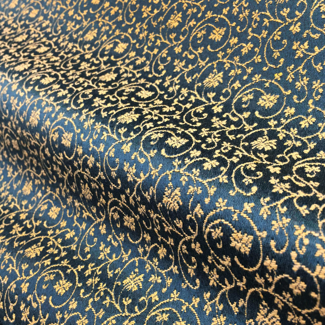 MILANO Peacock Blue Gold Floral Small Swirl Scroll Jacquard Brocade Fabric - Classic Modern Fabrics
