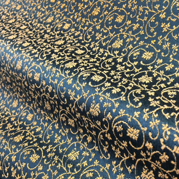 MILANO Peacock Blue Gold Floral Small Swirl Scroll Jacquard Brocade Fabric - Classic Modern Fabrics