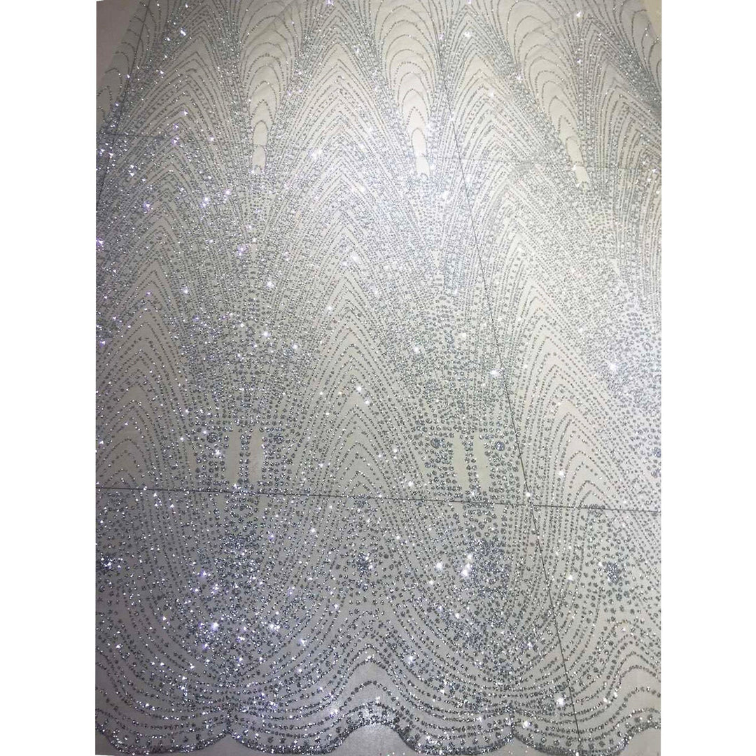 Mileos SILVER Glitter Geometric Embroidery Mesh Dress Fabric / Sold by the Yard - Classic & Modern