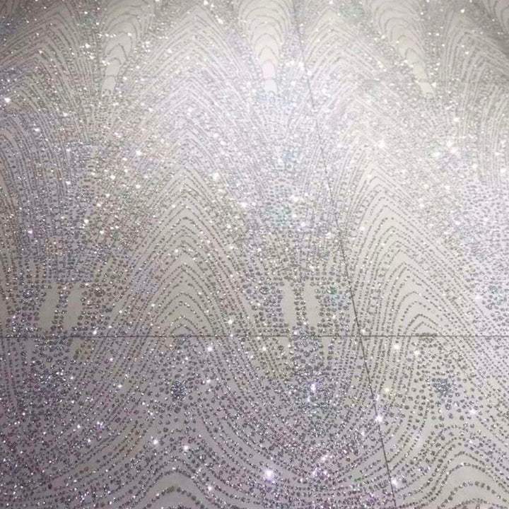 Mileos SILVER Glitter Geometric Embroidery Mesh Dress Fabric / Sold by the Yard - Classic & Modern