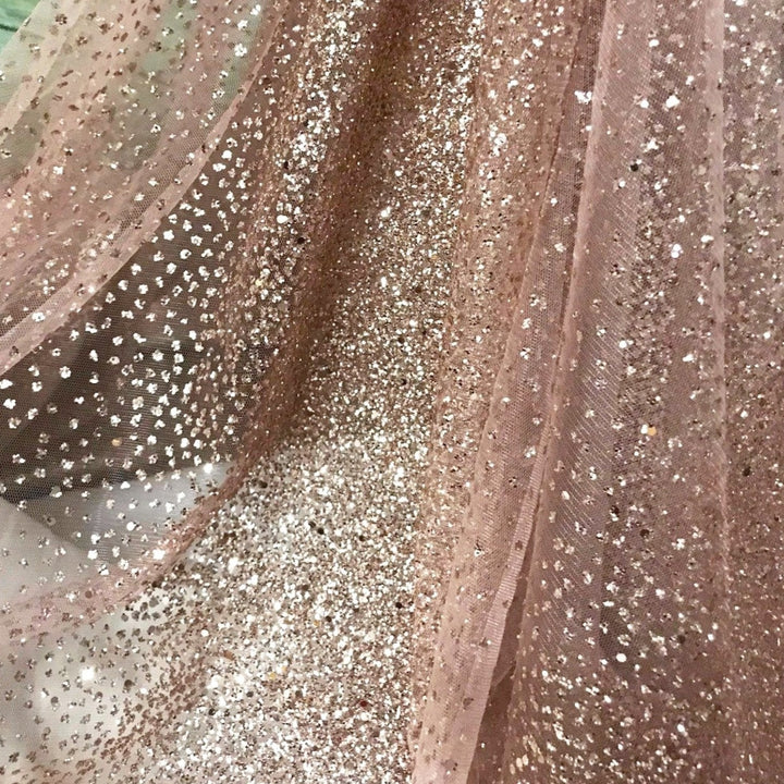OLIVIA Gradient Rose Gold Dusty Pink on Brown Tan Mesh Ground Glitter Embroidery Mesh Lace Dress Fabric / Sold by the yard - Classic & Modern