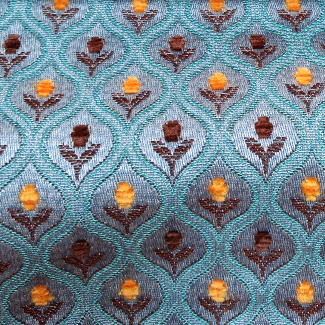 OSLO Blue Geometric Floral Trellis Woven Jacquard Brocade Fabric - Classic & Modern