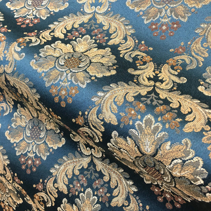 PALERMO Peacock Blue Gold Floral Damask Brocade Jacquard Fabric