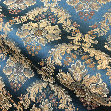 PALERMO Peacock Blue Gold Floral Damask Brocade Jacquard Fabric ...