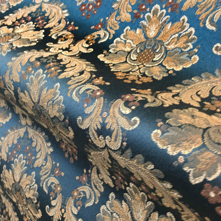 PALERMO Peacock Blue Gold Floral Damask Brocade Jacquard Fabric ...