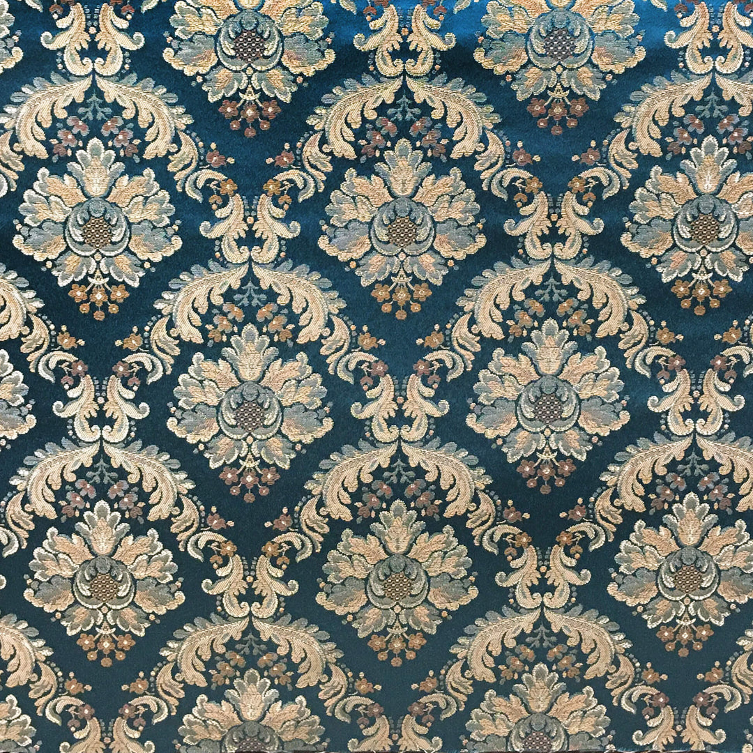 PALERMO Peacock Blue Gold Floral Damask Brocade Jacquard Fabric
