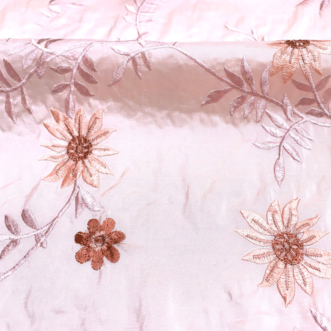 Pink Floral Embroidery Faux Taffeta Silk Fabric - Classic & Modern