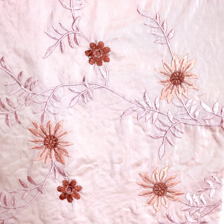 Pink Floral Embroidery Faux Taffeta Silk Fabric - Classic & Modern