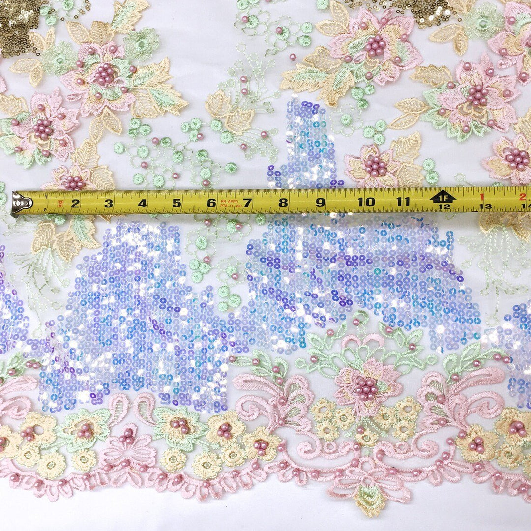 Pink Lime Green Gold Lullabi Floral Embroidery Tulle Mesh Lace / Fabric by the Yard - Classic & Modern